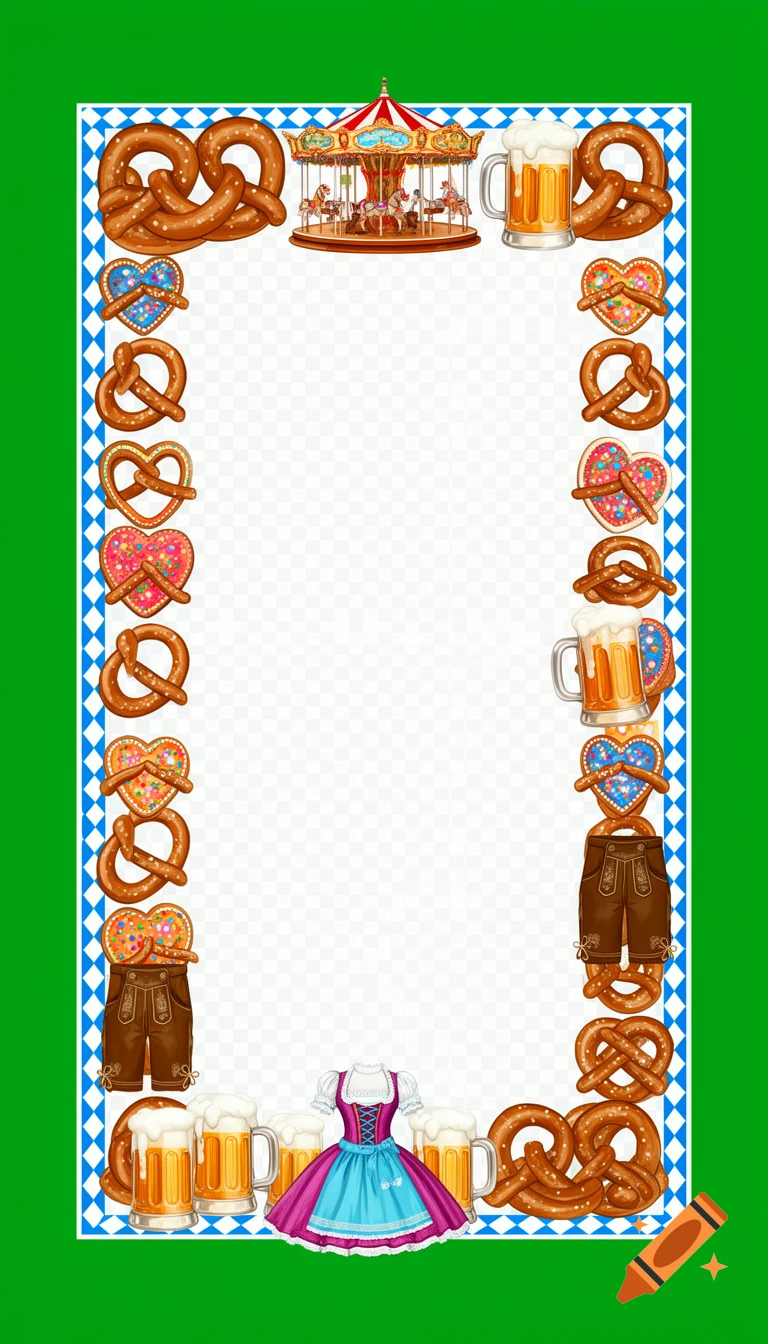 Vertical Oktoberfest border featuring pretzels, beer, a carousel, dirndl, lederhosen, and gingerbread hearts around a transparent center, set against a green background.