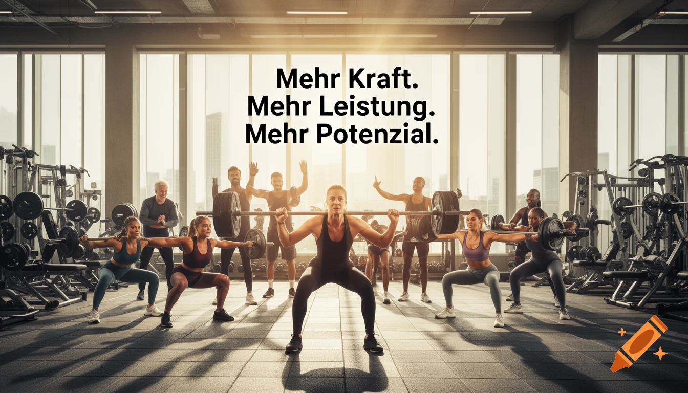 A diverse group of people squatting with barbells in a modern gym, with the text 'Mehr Kraft. Mehr Leistung. Mehr Potenzial.' above them.