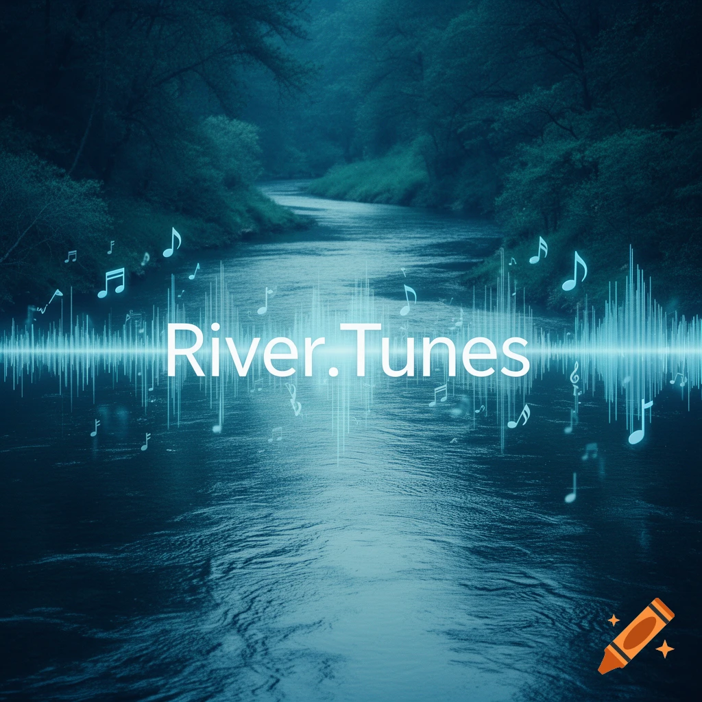 A winding blue river through a dark forest, with glowing sound waves, musical notes, and 'River.Tunes' text, in an album cover style.