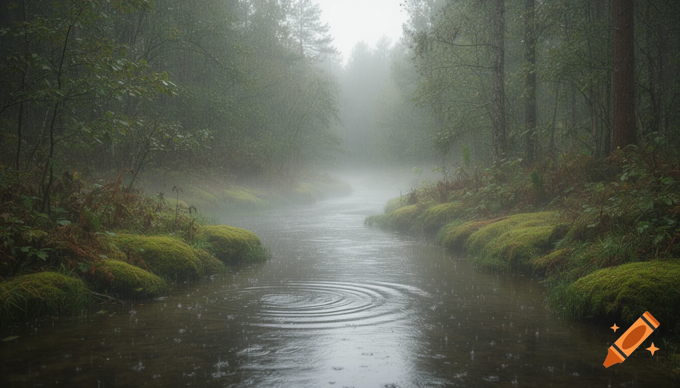 A misty river flows through a mossy green forest in the rain, with ripples on the water.