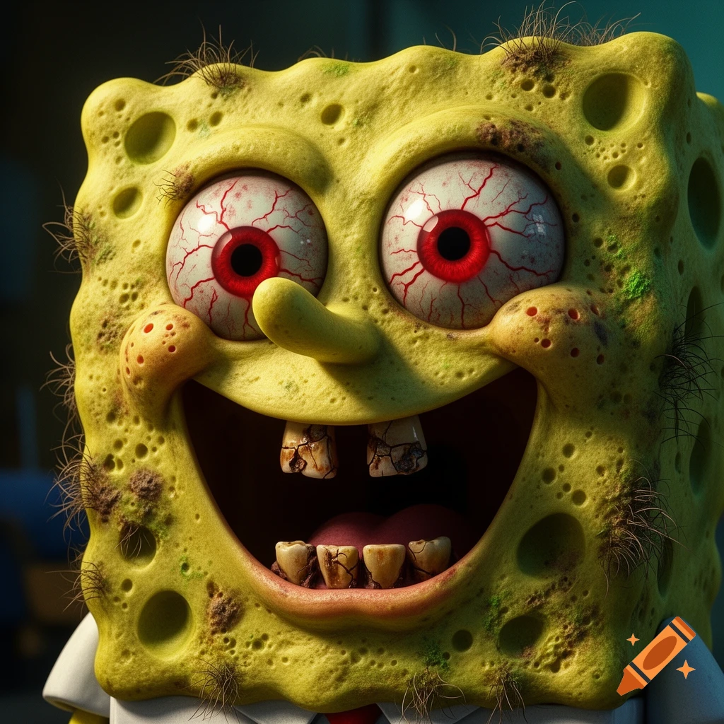 Disturbingly realistic Spongebob with red-veined, bloodshot eyes, rotten teeth, and hair growing from his yellow sponge body.