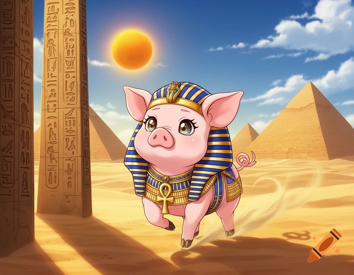 A cute anime pig dressed as a pharaoh runs in an Egyptian desert with pyramids and obelisks under a sunny sky.