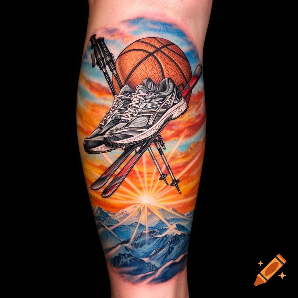 Colorful tattoo on a leg featuring basketball, running shoes, skis, and ski poles over a sunset mountain landscape.