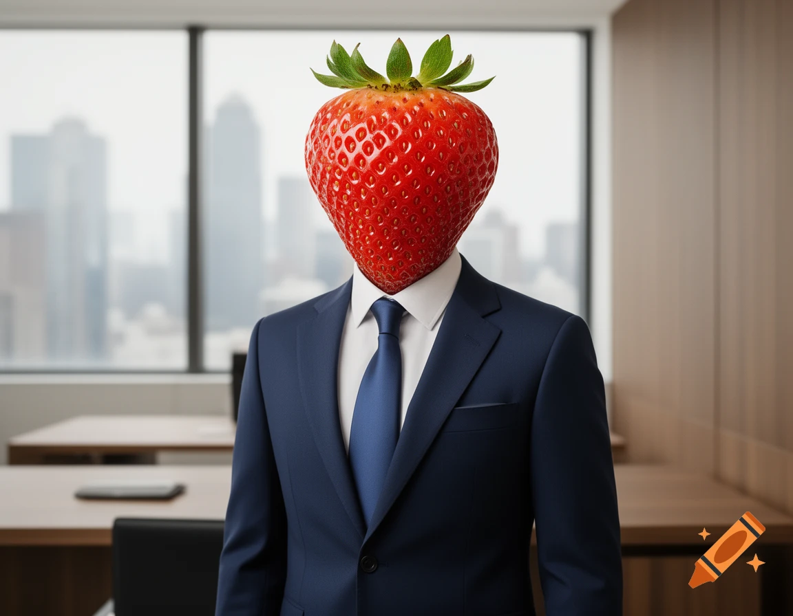 A photorealistic image of a man in a dark blue suit with a large red strawberry as a head, standing in a modern office.