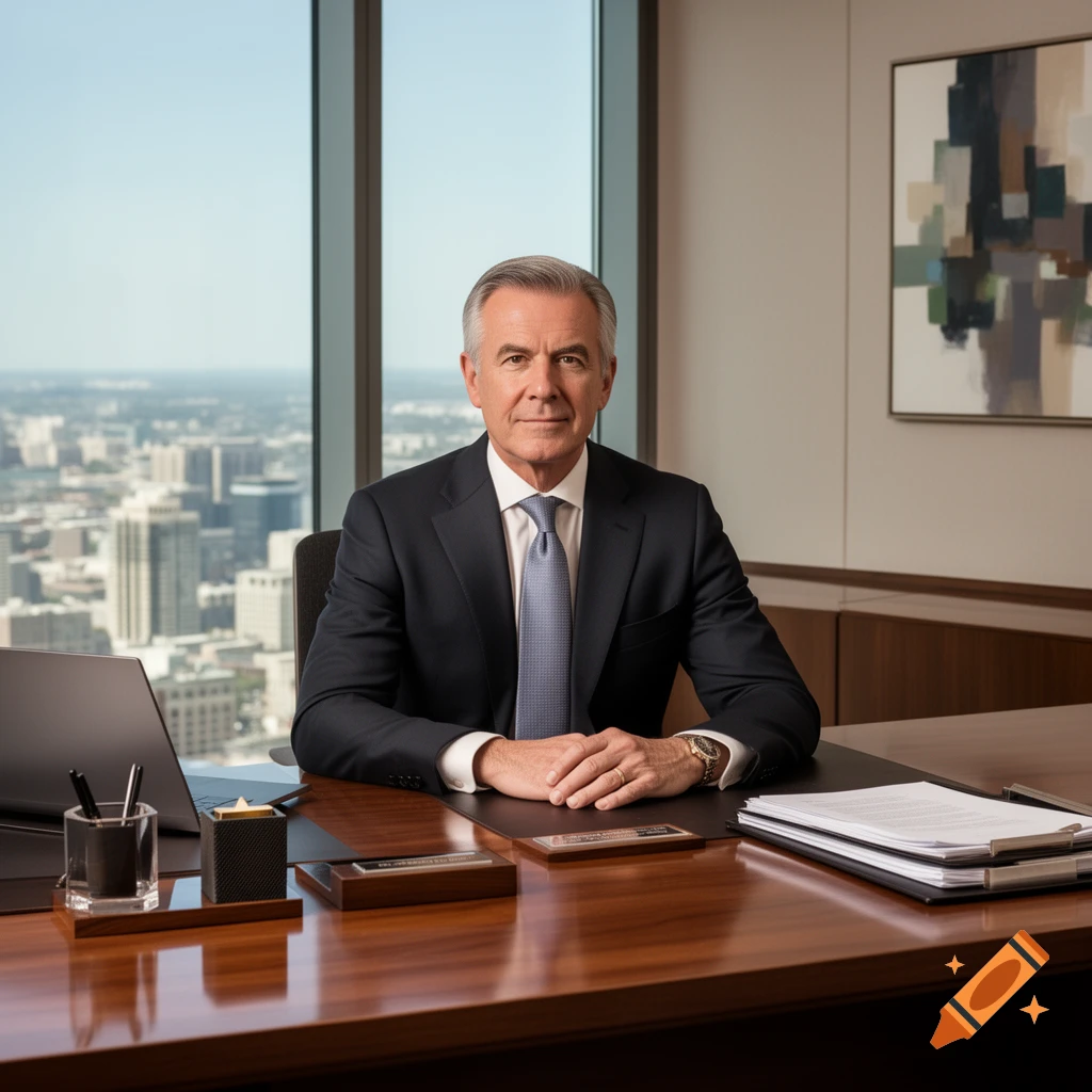 Photorealistic portrait of a serious-looking man in a suit, sitting at a large wooden desk in a modern office with a city view.