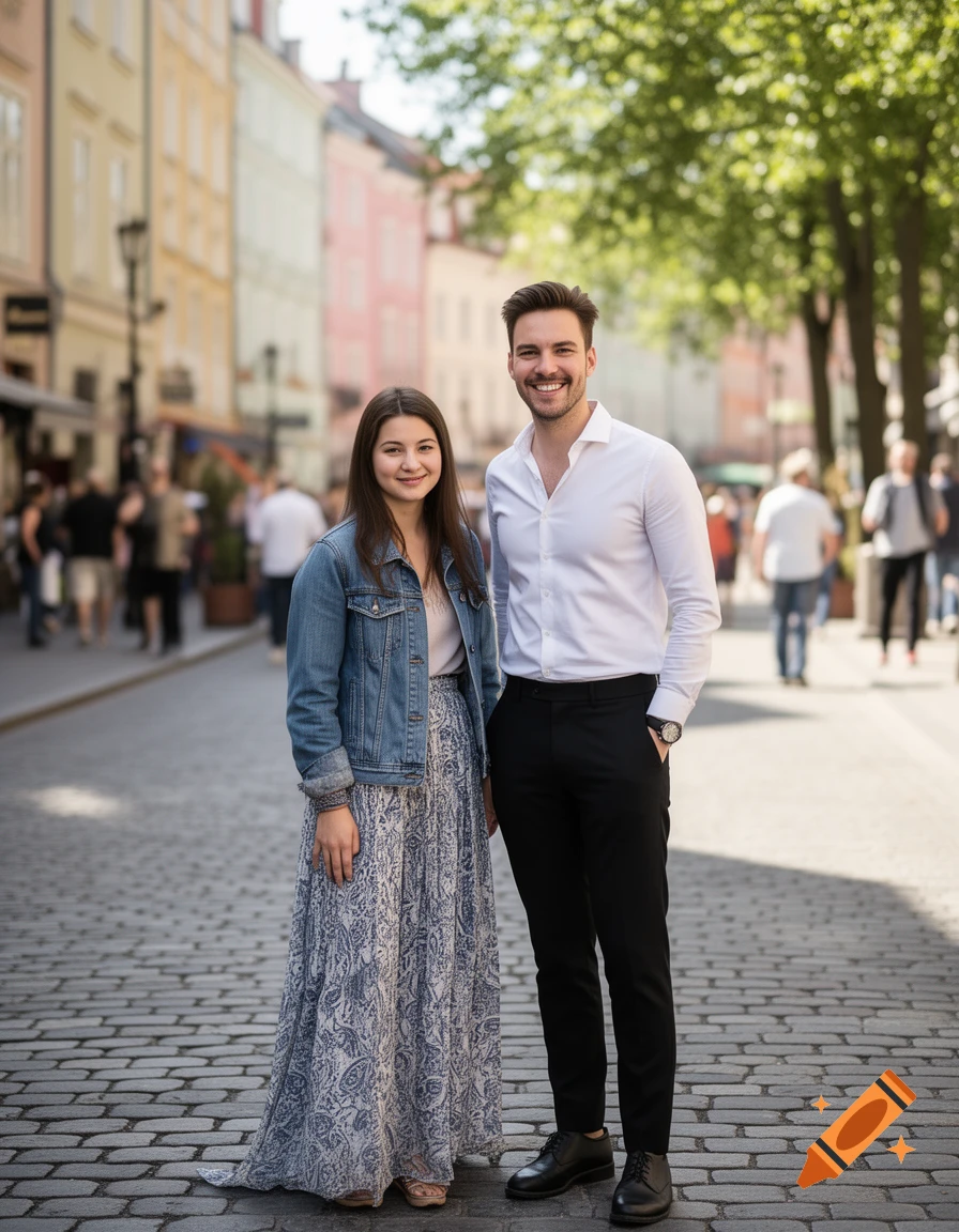 A smiling man and woman stand together on a cobblestone street in a European city, with blurred buildings and trees in the background. Photorealistic.