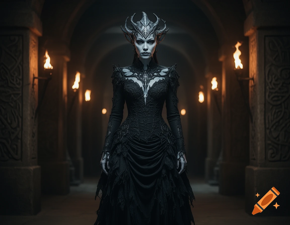 A woman in an ornate black gothic gown and horned crown stands in a dark, torch-lit stone hallway.