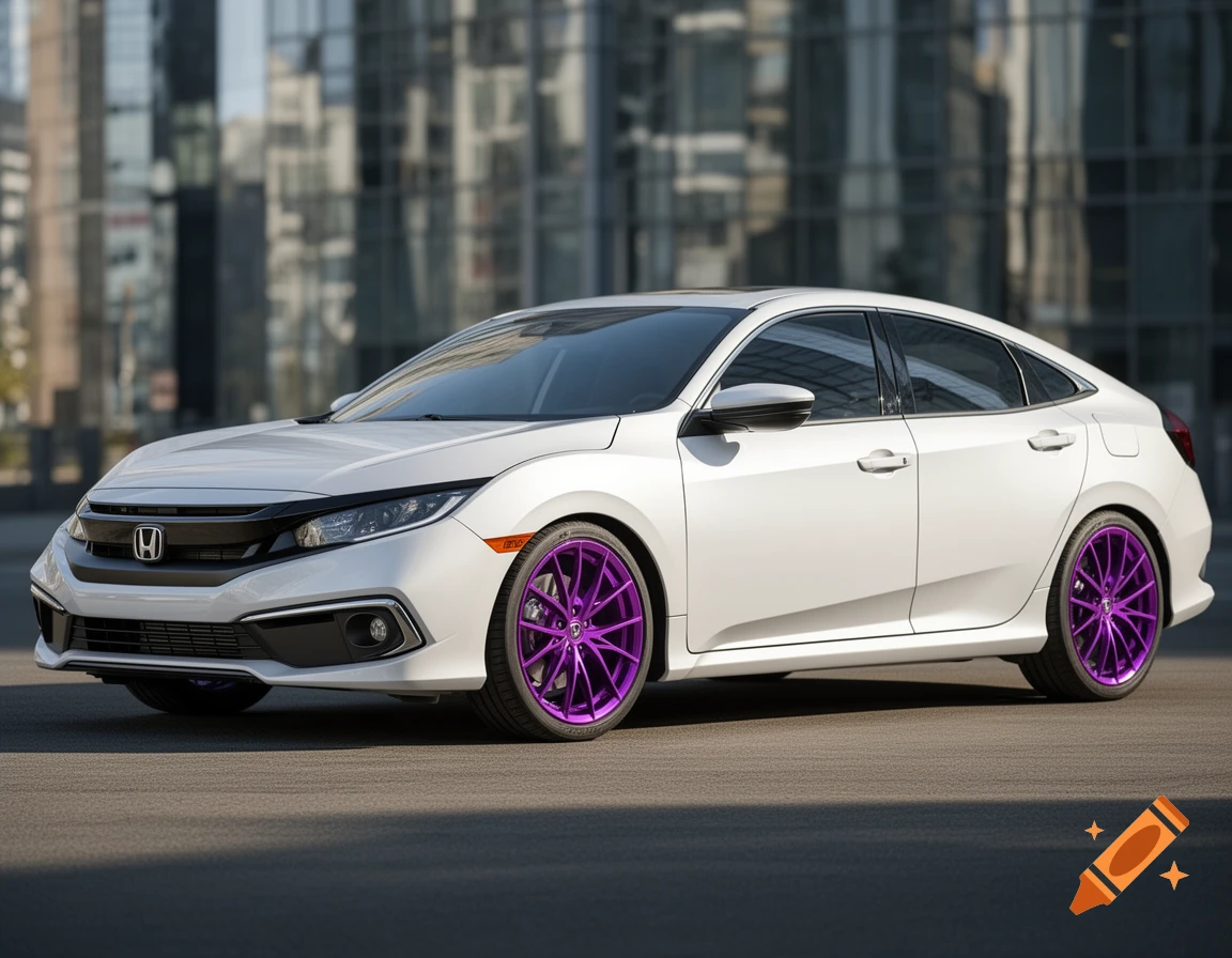 A photorealistic white Honda Civic with bright purple wheels parked outdoors in front of modern glass buildings.
