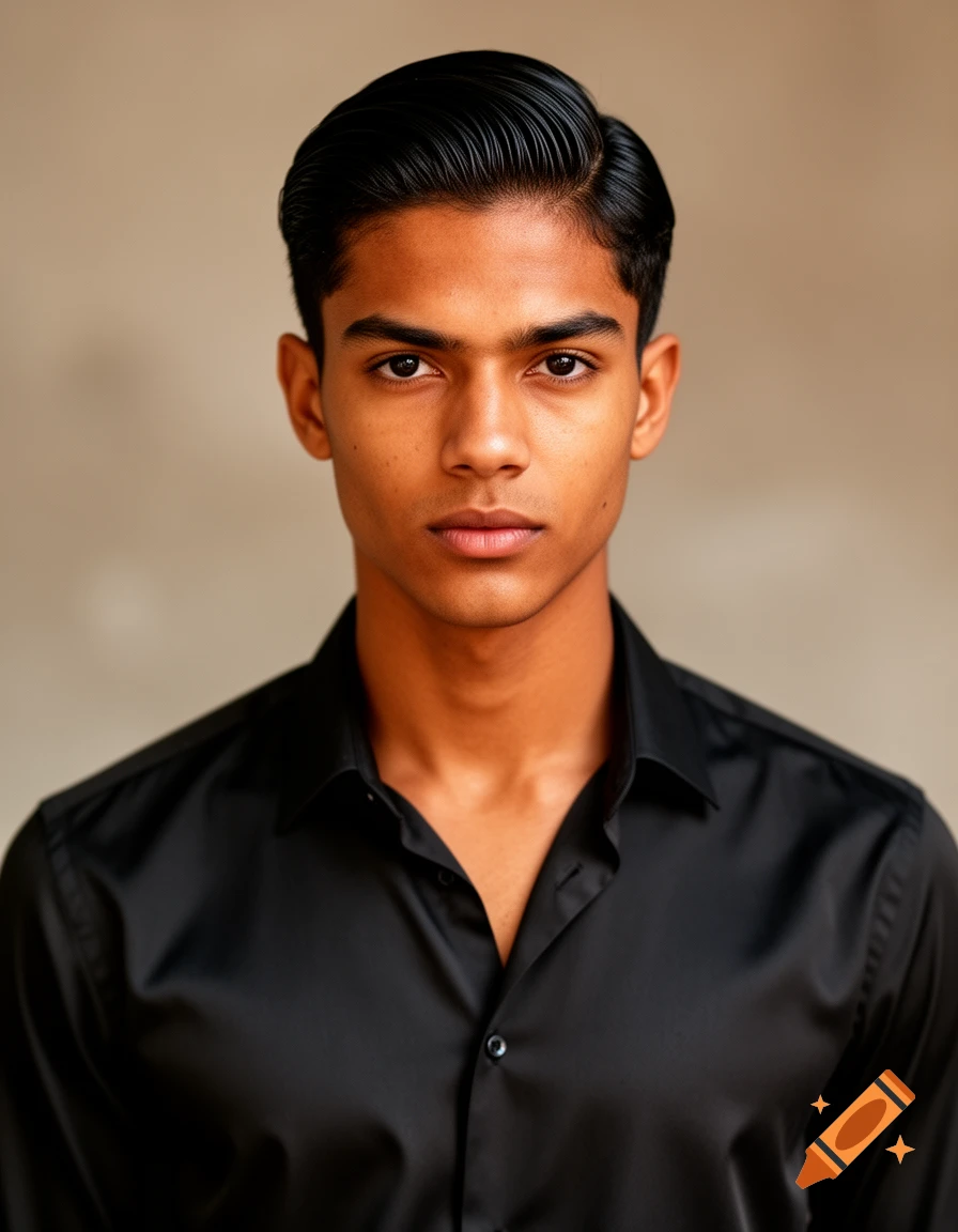 Photorealistic portrait of a young man with caramel skin, dark sleeked-back hair, and sharp eyes, wearing a black collared shirt.