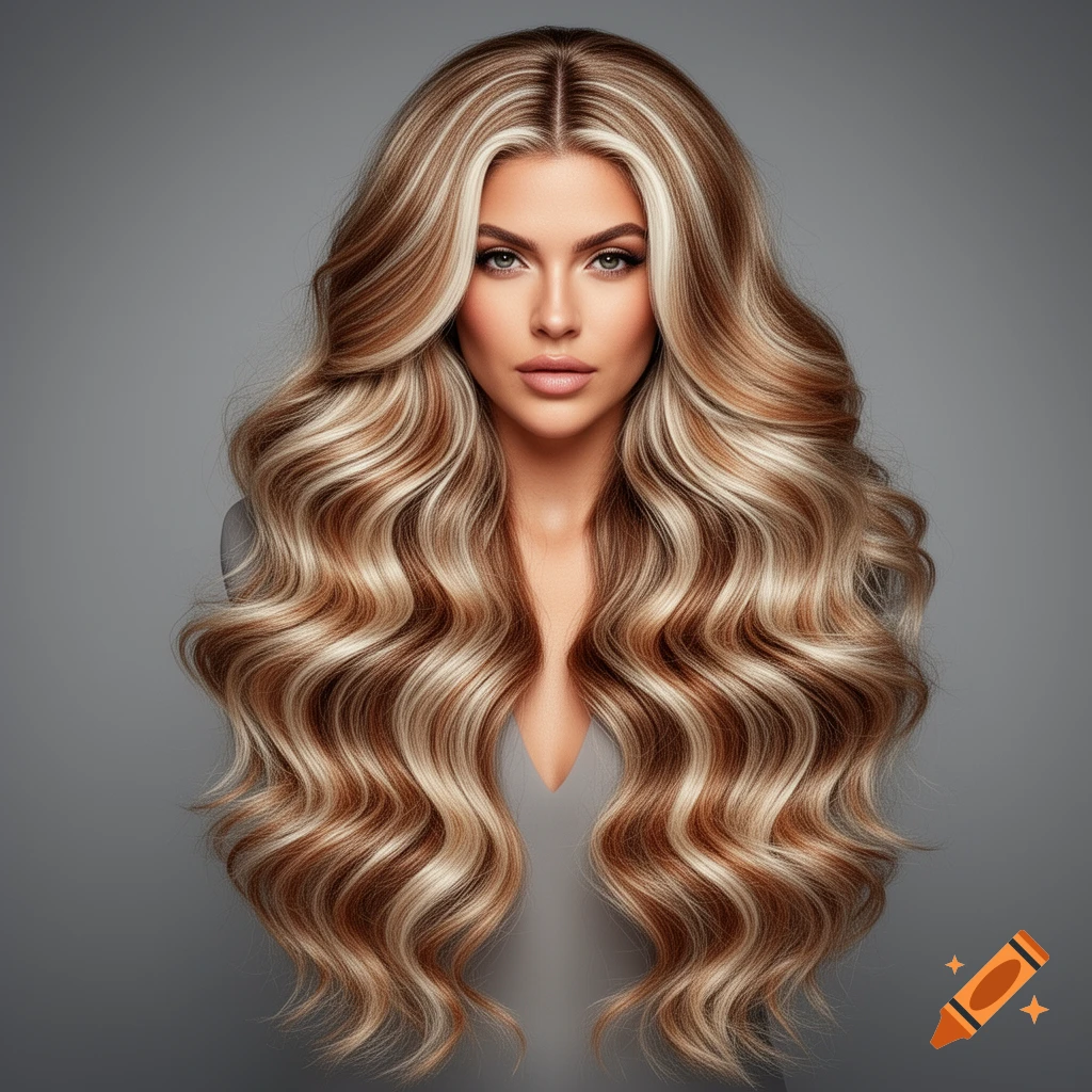 Close-up portrait of a woman with long, voluminous, wavy blonde and brown highlighted hair against a gray background.