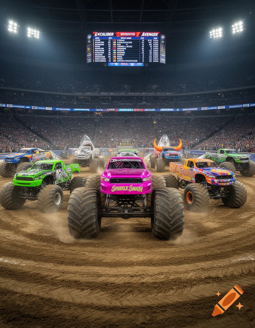 A lineup of several colorful monster trucks, including pink 'Sparkle Smash' and orange 'El Toro Loco', on a dirt track in a large indoor arena with a scoreboard overhead.