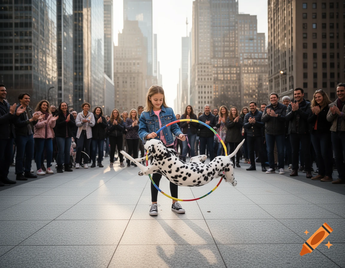 A young girl holds a colorful hula hoop for a Dalmatian jumping through it, as a crowd claps on a city street.