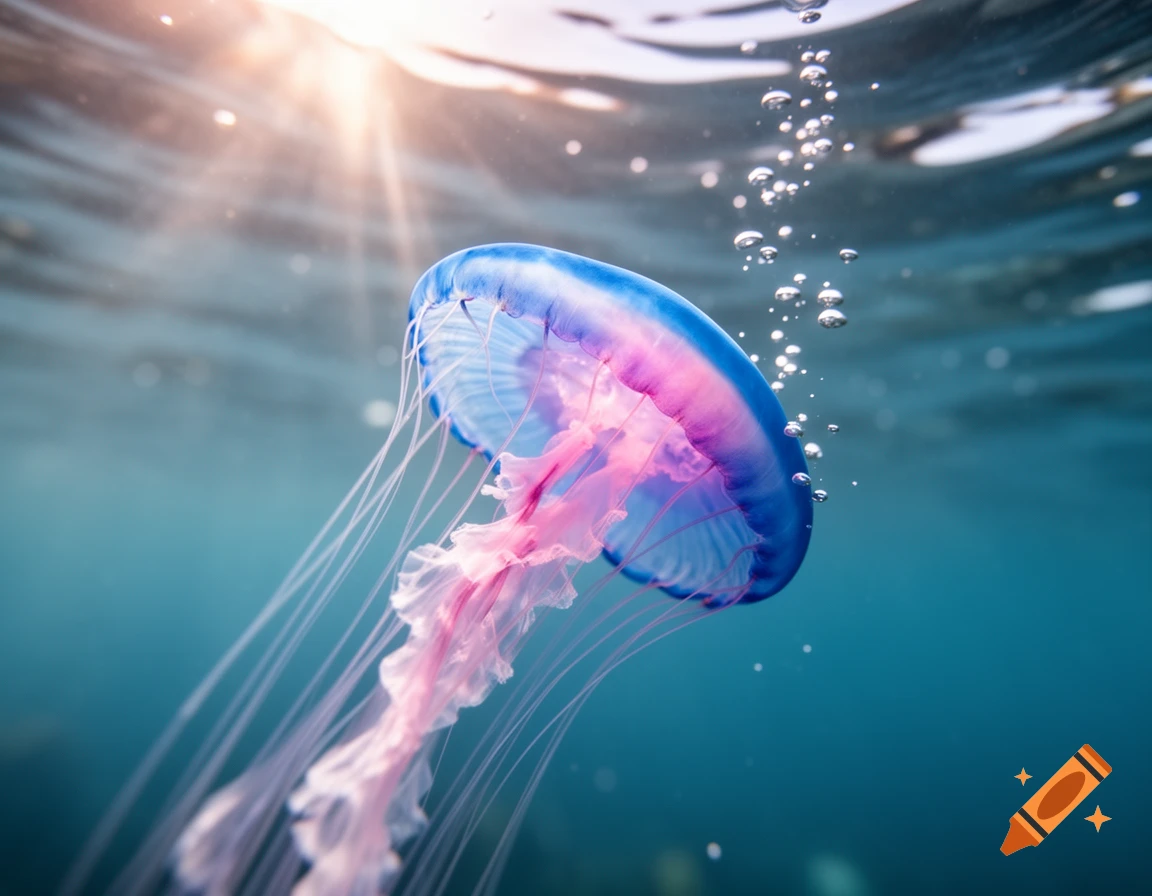 A vibrant blue, pink, and purple jellyfish gracefully swims in clear blue water with sunbeams and bubbles.