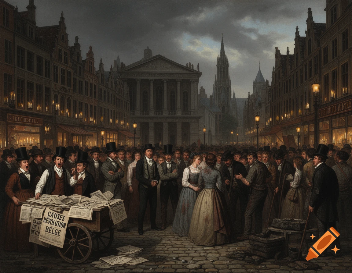 A dark, 19th-century painting of a crowded city street at night, people gathered around a newspaper cart titled 'CAUSES REVOLUTION BELGE'.