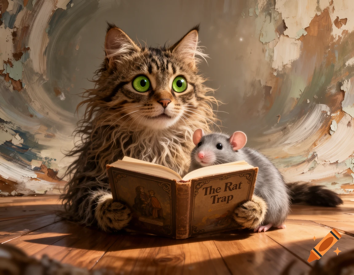 A whimsical tabby cat with huge green eyes and scruffy fur reads "The Rat Trap" to a cute rat, against a distressed painted backdrop.