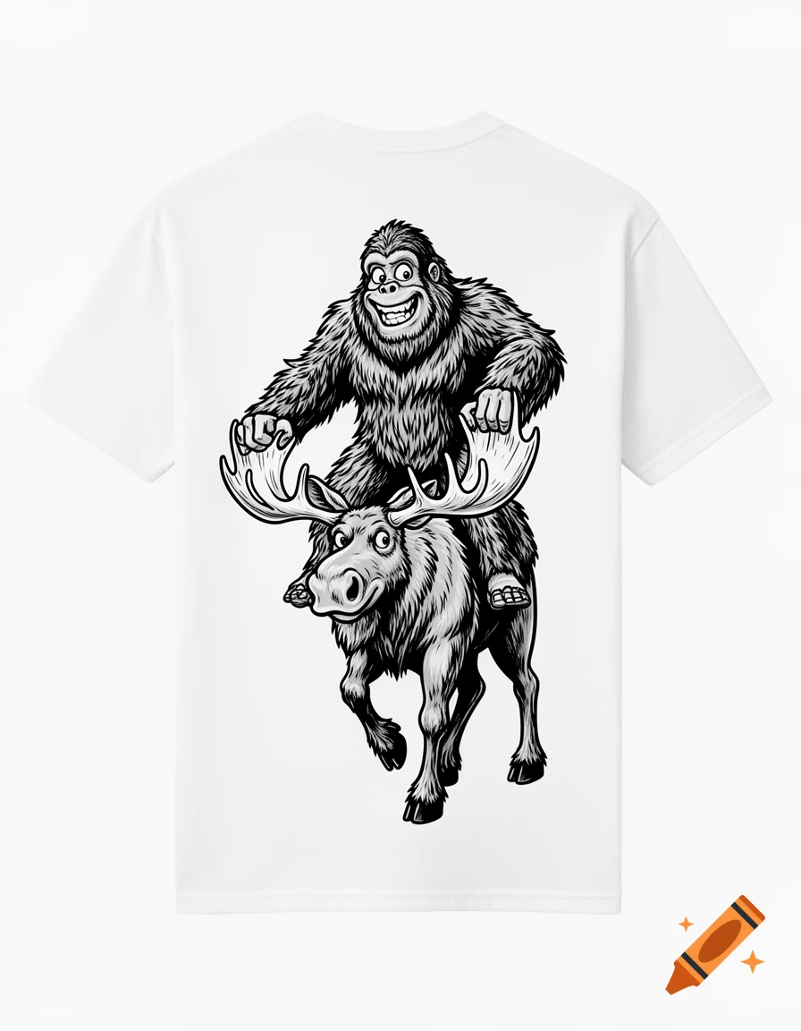 A black and white cartoon Sasquatch riding a moose, depicted on the back of a white t-shirt.