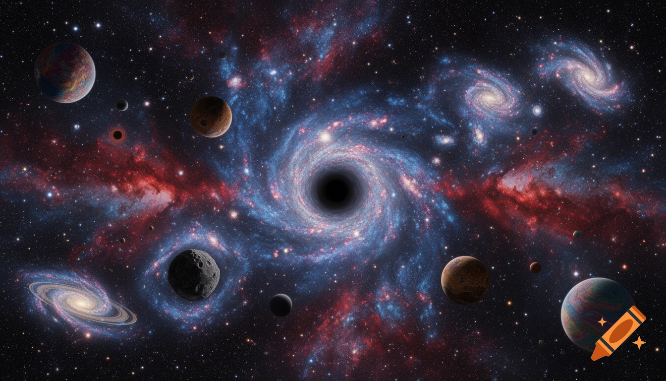 Vibrant deep space scene with a central black hole, multiple planets, colorful nebulae, spiral galaxies, and numerous stars.