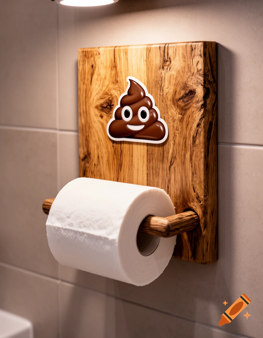 A wooden toilet paper holder on a tiled wall, holding a roll of toilet paper, with a brown poop emoji sticker above it.