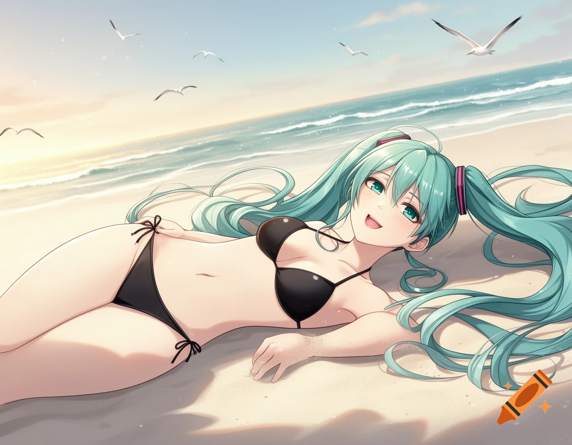 Hatsune Miku in a black bikini lies on the sand at a sunny beach with seagulls flying overhead, anime style.