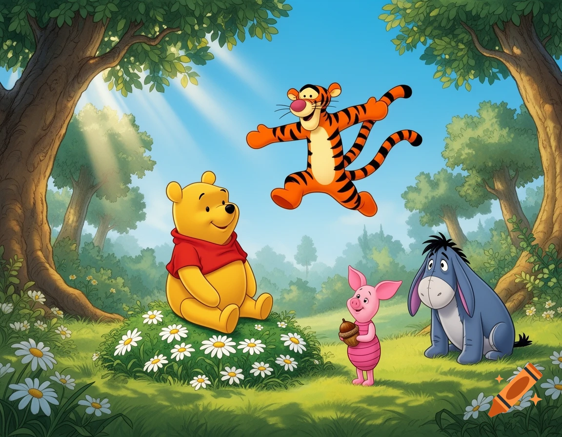 Winnie the Pooh, Tigger, Piglet, and Eeyore enjoying a sunny day in a lush cartoon forest with trees and daisies.