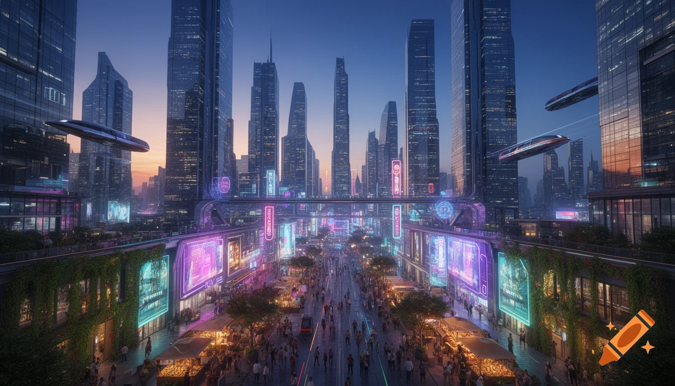 A vibrant, detailed futuristic cityscape at dusk, with soaring skyscrapers, neon-lit streets bustling with people, and sleek flying vehicles in the sky.