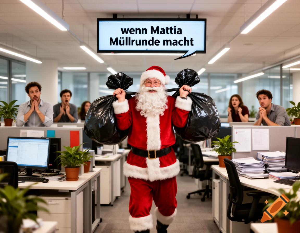 Photorealistic image of Santa Claus carrying two trash bags through an office, surprising employees. A screen shows German text.
