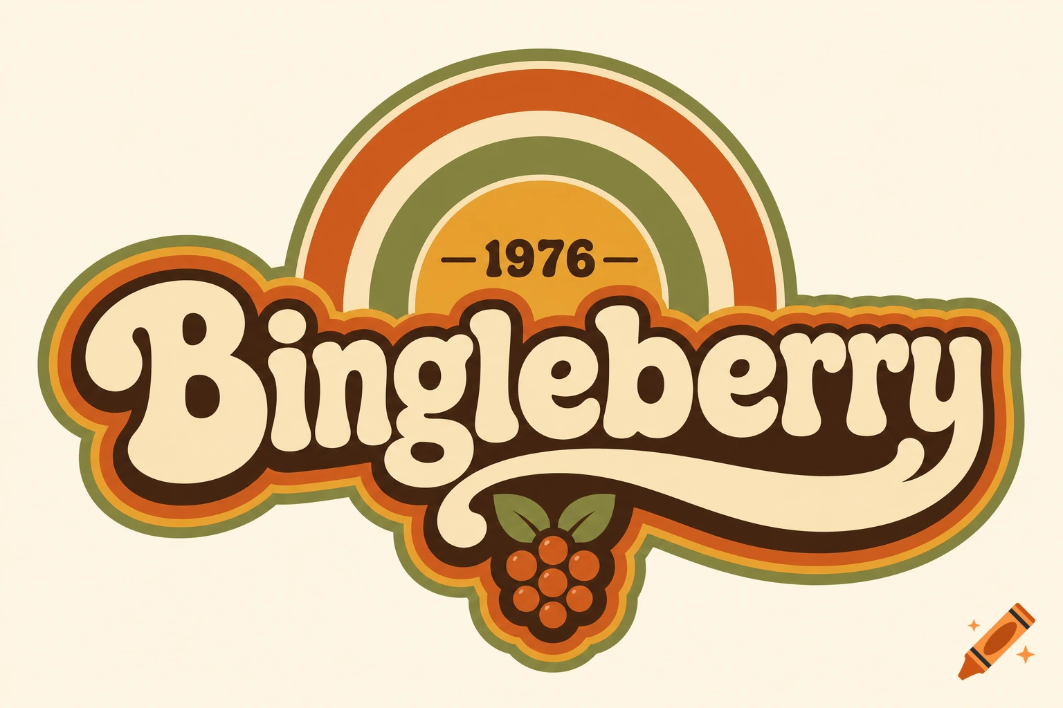 A retro-style "Bingleberry" logo from 1976 with a rainbow arc and berry illustration.