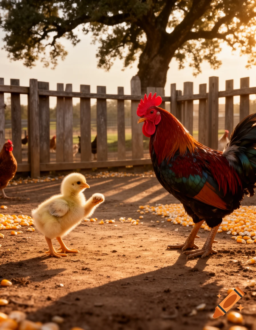 A fluffy yellow chick 'boxes' against a colorful rooster in a sunlit dirt farmyard scattered with corn.