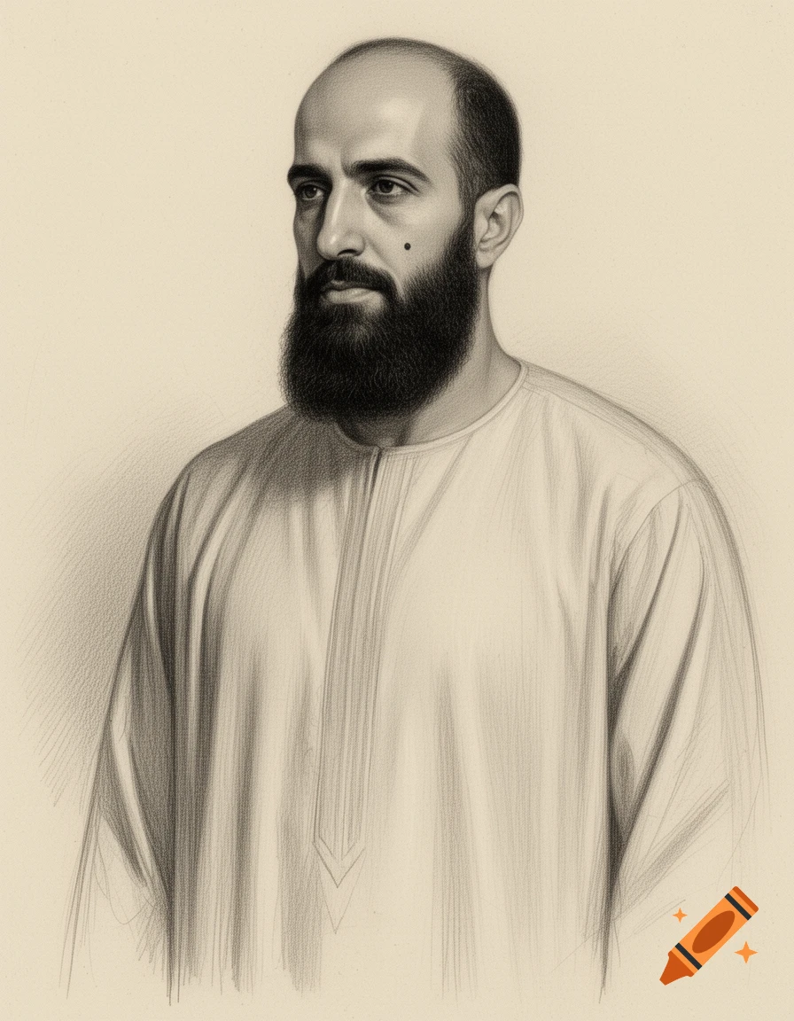 Pencil drawing of a bald, bearded man with a mole on his right cheek, wearing a traditional tunic.