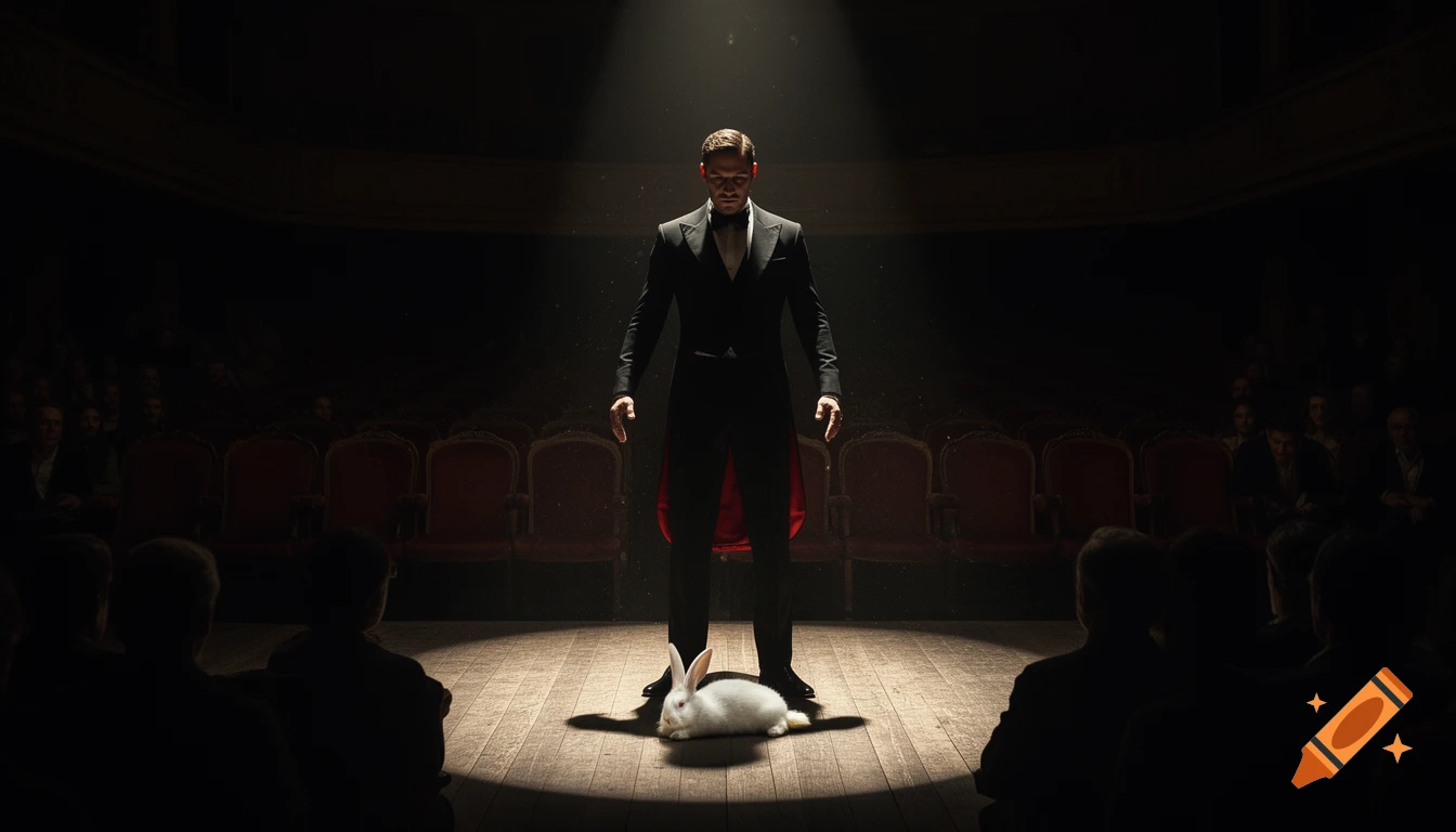 A magician in a tuxedo stands under a spotlight on a stage, a white rabbit lying at his feet. An audience watches from dark seats.