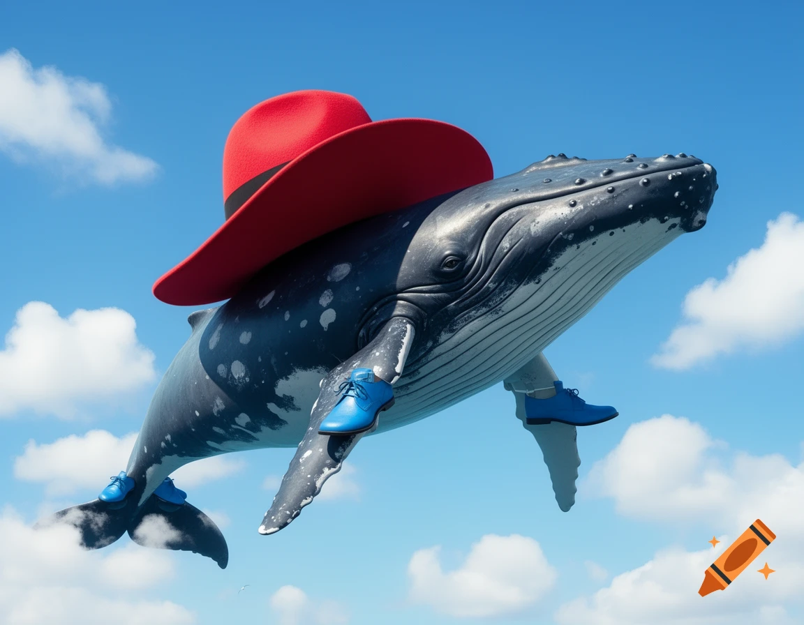A large humpback whale, wearing a red hat and blue shoes, soars through a bright blue sky with scattered white clouds.