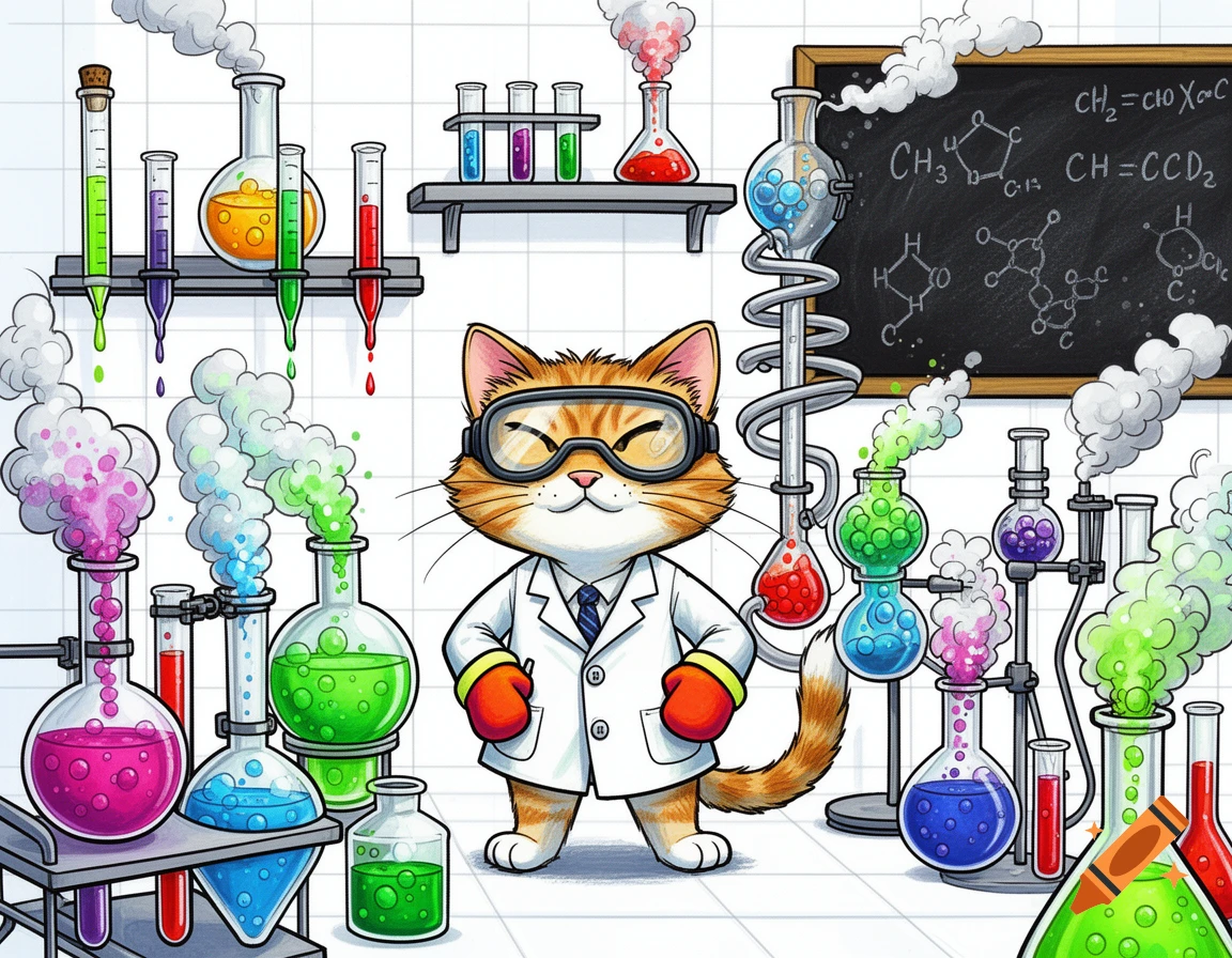 Cartoon orange cat in a lab coat and goggles, standing in a colorful chemical laboratory with smoking beakers.