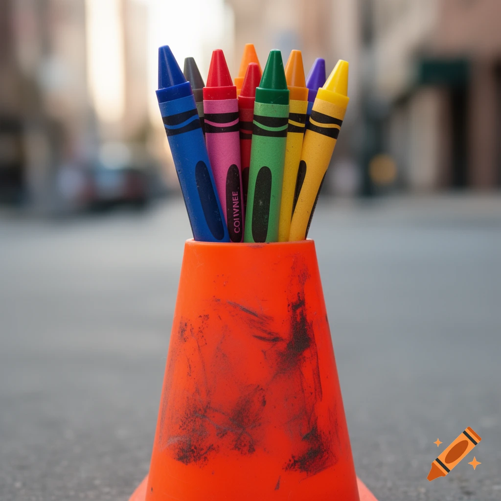 Colorful crayons stand in an orange traffic cone on an asphalt road in a close-up, shallow depth of field shot.