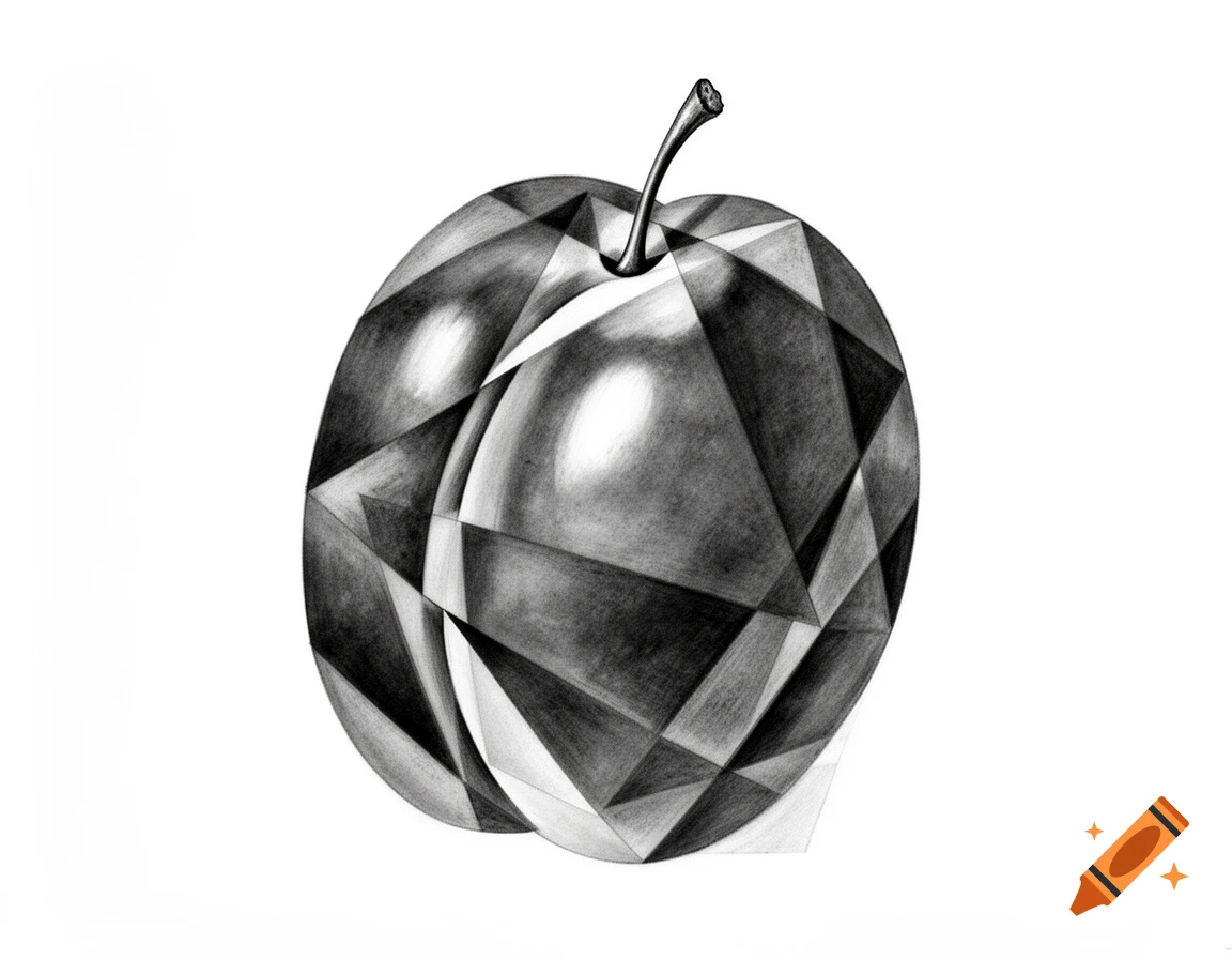 A black and white cubist drawing of a faceted plum on a white background.