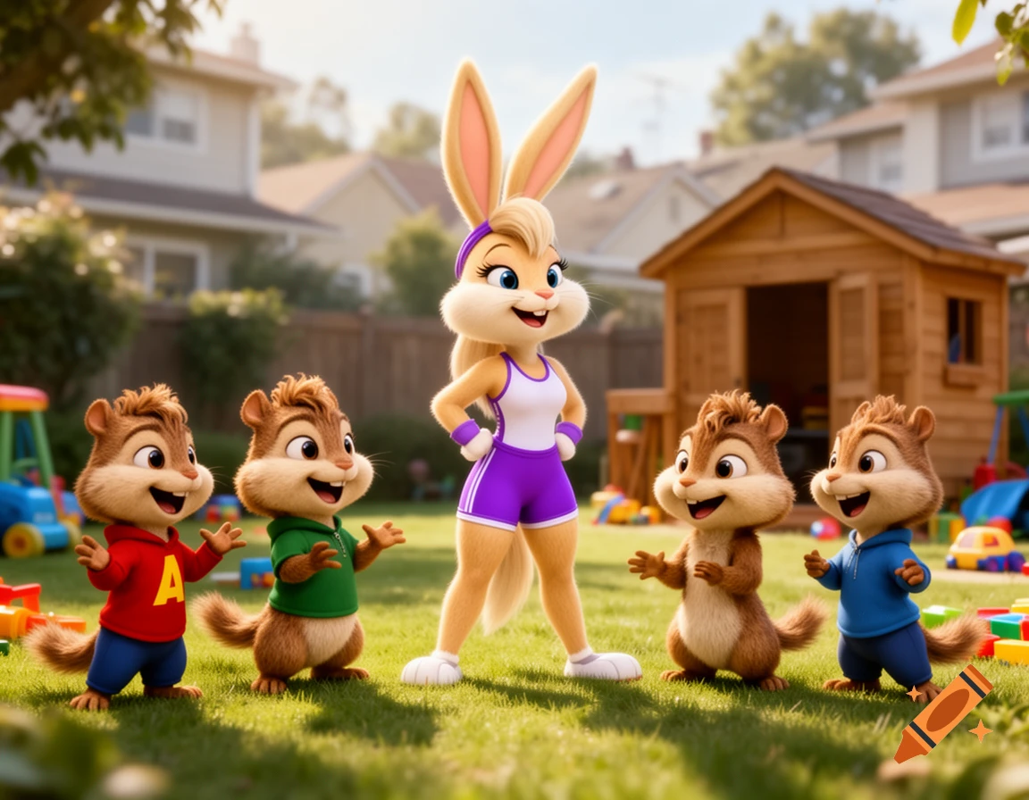 Lola Bunny with four chipmunks, including one in a red 'A' shirt, playing in a sunny suburban backyard, cartoon style.