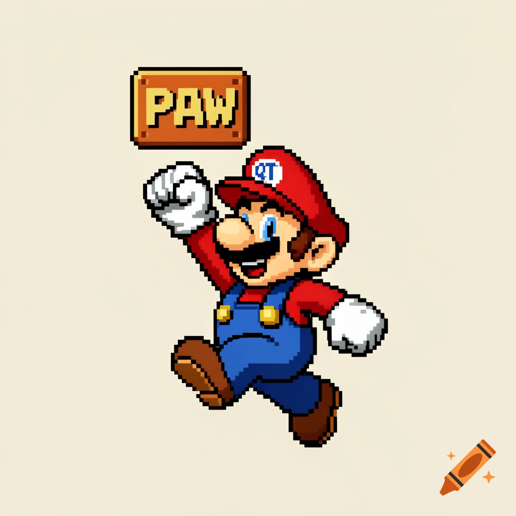 Pixel art Mario jumping with a raised fist, a 'PAW' block above him, and 'QT' on his red cap.