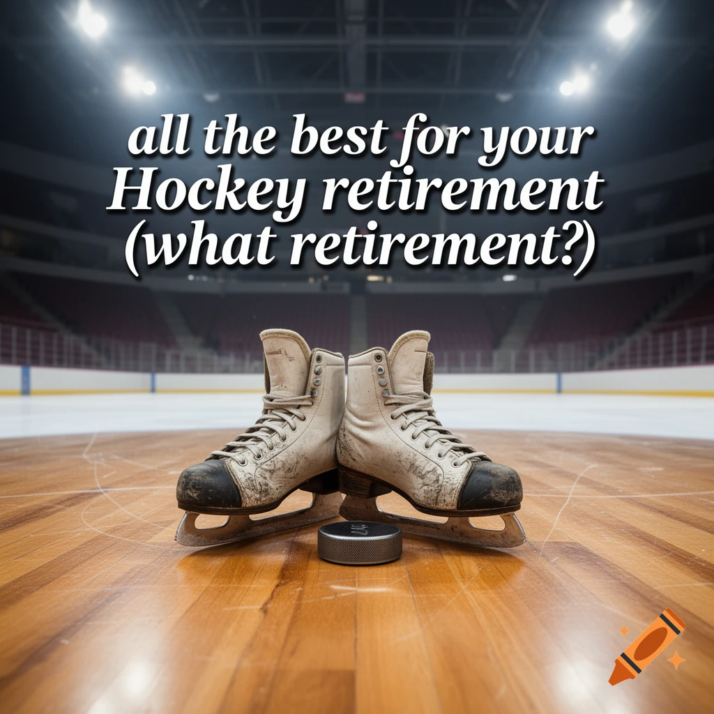 Worn ice hockey skates and a puck on a wooden floor in an empty arena, with text 'all the best for your Hockey retirement (what retirement?)'.