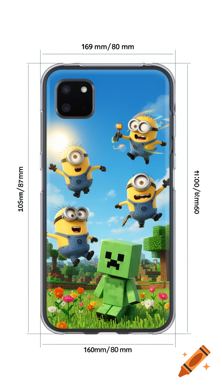 A transparent phone case for Samsung Galaxy XCover 7 featuring Minions and a friendly Minecraft Creeper in a vibrant, blocky landscape with flowers and trees under a sunny blue sky.