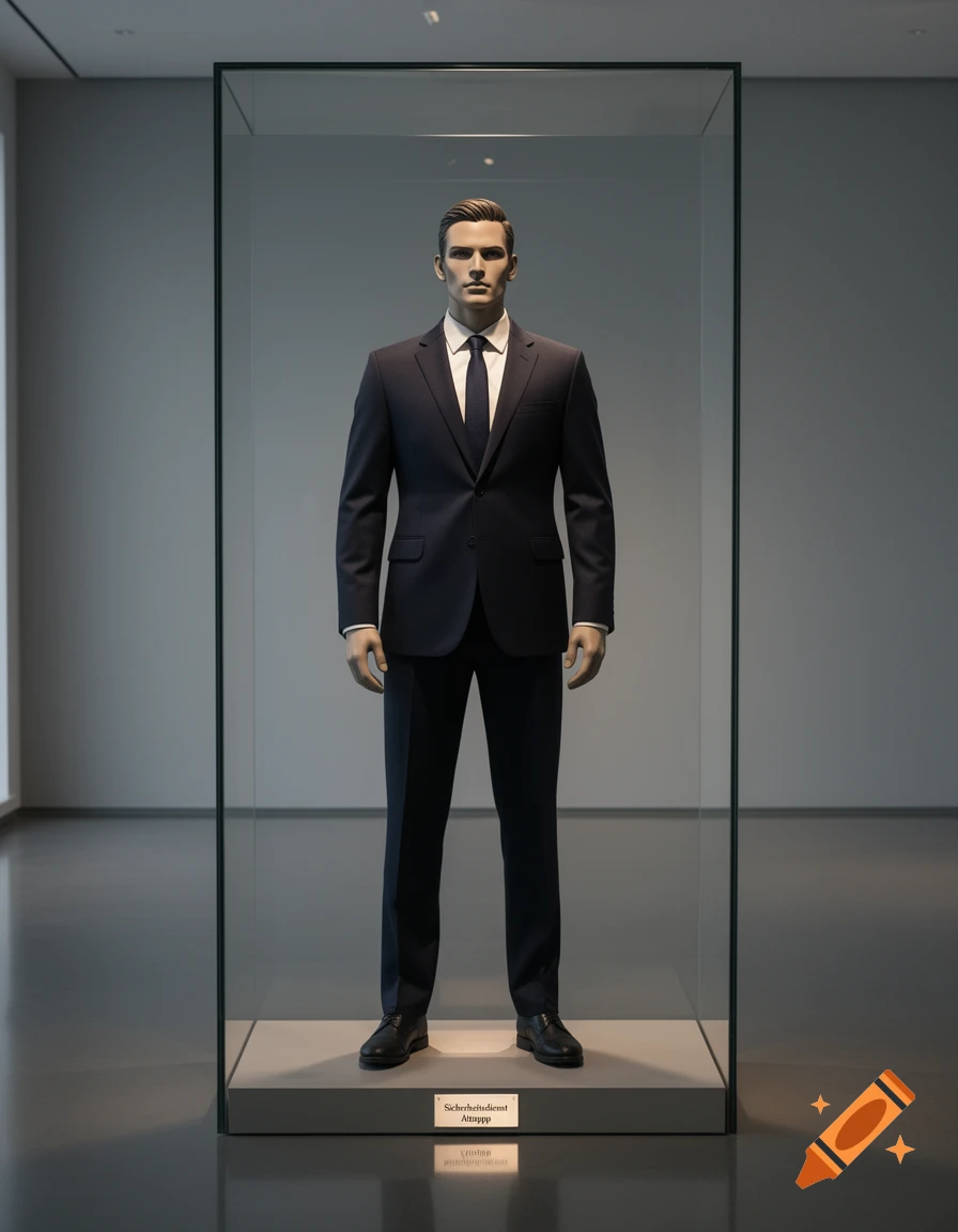 A realistic mannequin in a dark suit and tie stands within a minimalist glass display case in a modern, brightly lit room.