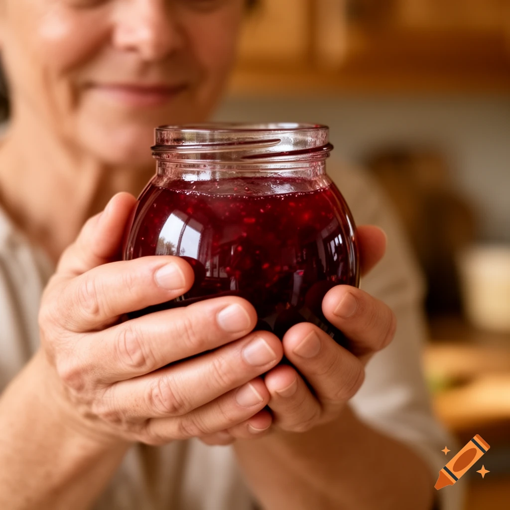 Close-up of a person's hands carefully holding a round jar of red berry jam, with a smiling face blurred in the background.