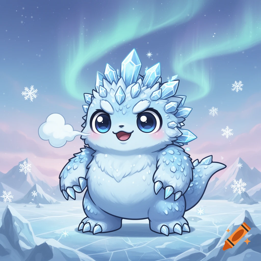 A cute, blue, fluffy chibi ice monster with crystal spikes and big blue eyes breathes a puff of cold air, standing on cracked ice under the aurora borealis.