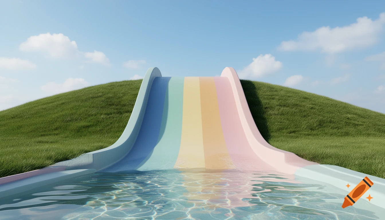 A vibrant rainbow-colored water slide descending into clear water on a grassy hill under a bright blue sky.