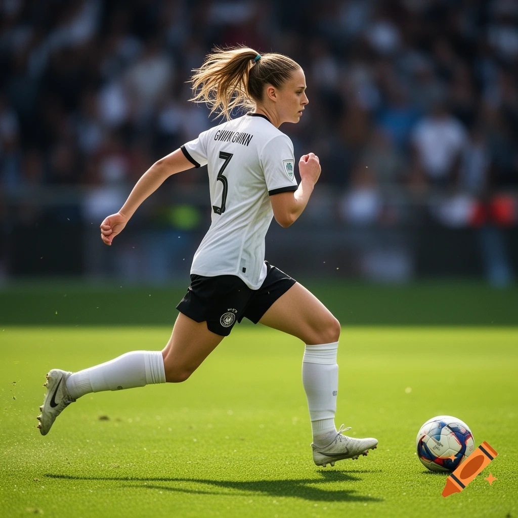A female soccer player in a white and black uniform with the name GWINN GHINN and number 3 on her back runs on a green field with a soccer ball nearby.