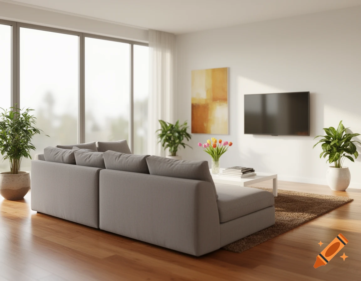 Photorealistic image of a modern living room with a gray sectional sofa, white coffee table, TV, large windows, and potted plants.