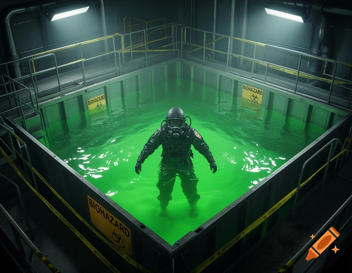 A person in a black hazmat suit stands chest-deep in glowing green biohazard liquid within an industrial facility.