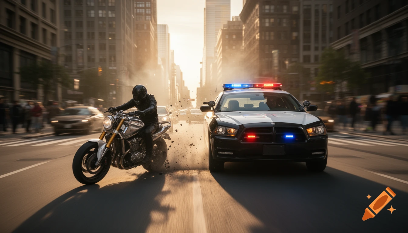 A police car and a motorcyclist kicking up dirt on a city street with tall buildings and a bright sky.