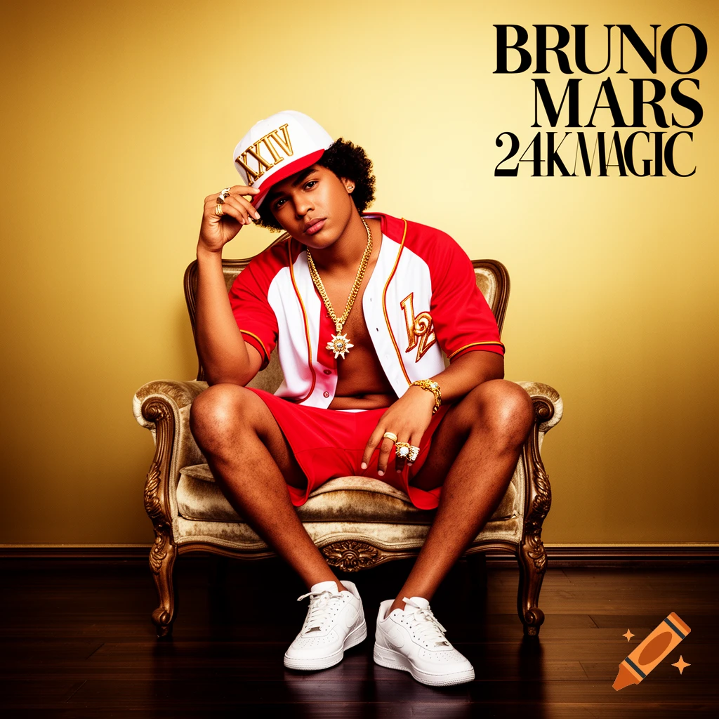 A person resembling Bruno Mars sits on an ornate chair, wearing a red and white baseball jersey, red shorts, a cap with "XXIV", and elaborate gold jewelry, against a gold background.