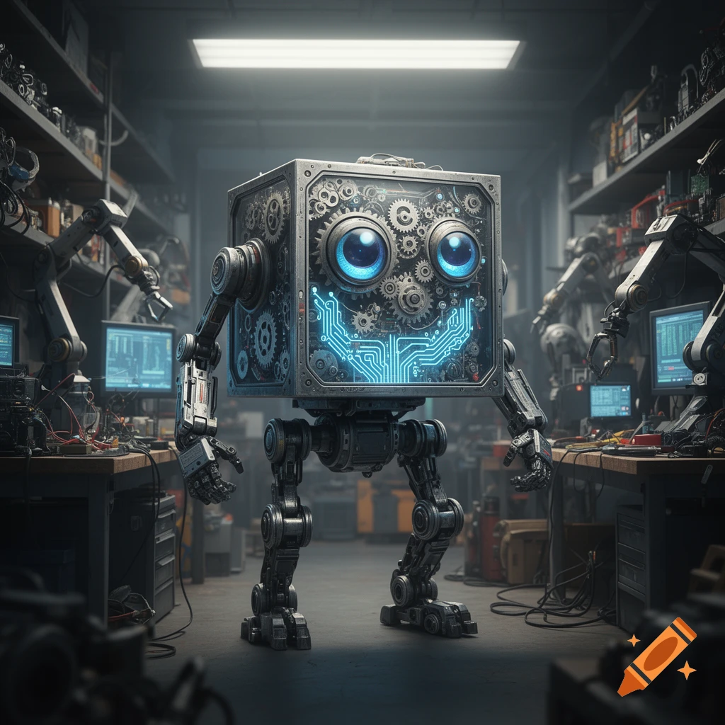 A friendly boxy robot with large blue eyes and a glowing circuit board smile stands in a cluttered workshop with tools and monitors.