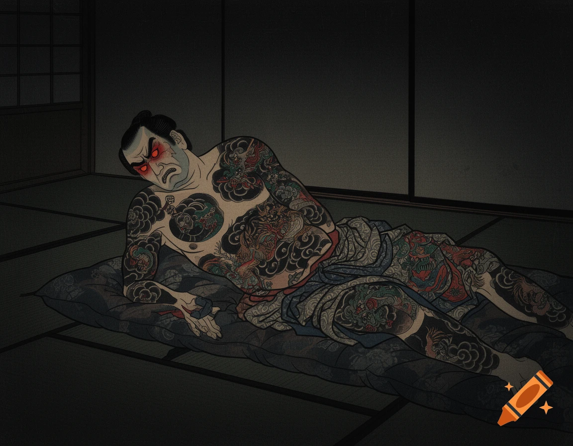 Ukiyo-e artwork of an Edo-period Japanese man with traditional full-body tattoos, lying on a futon in a dim room, with an angry face and glowing red eyes.