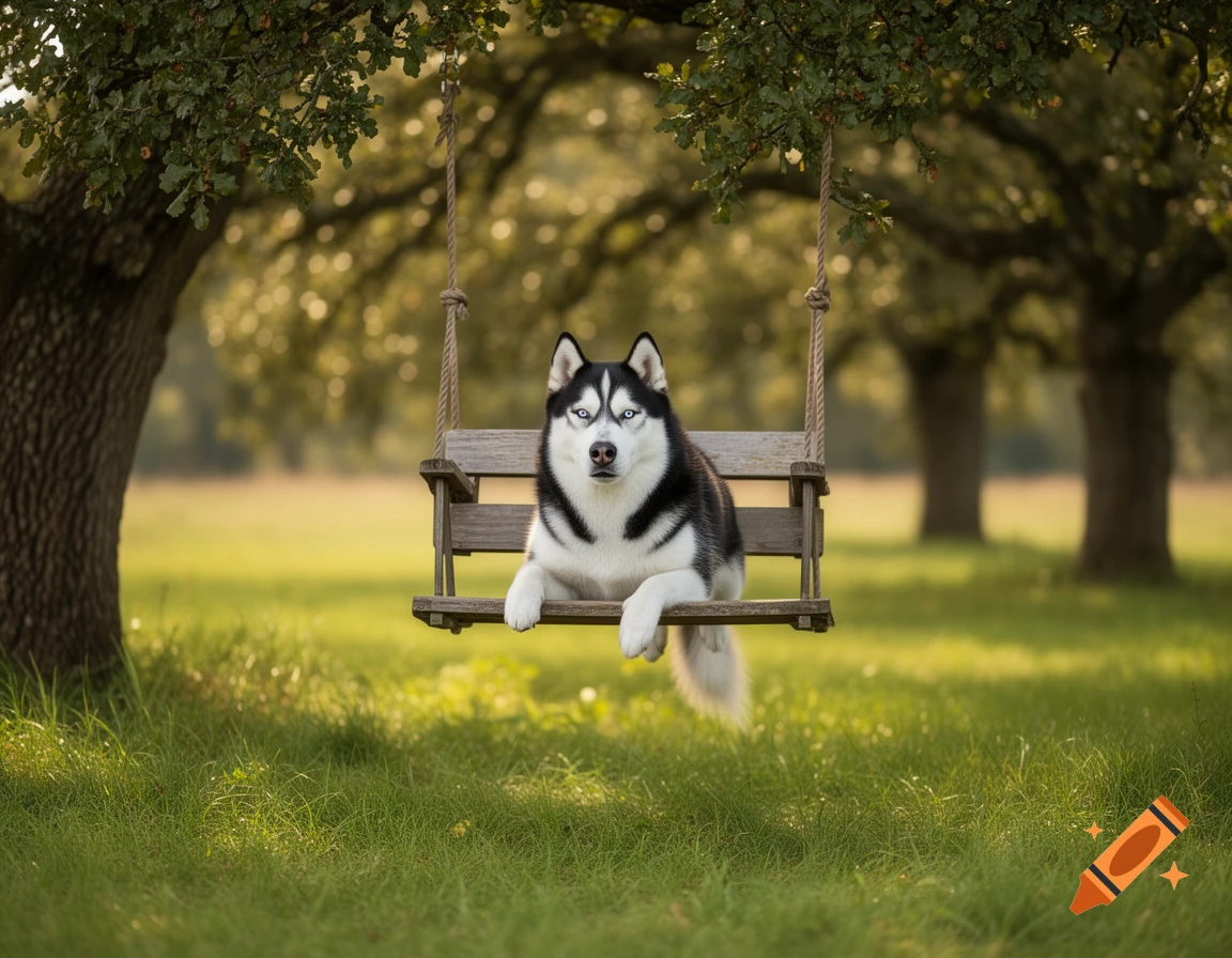 A photorealistic black and white husky with blue eyes sits on a wooden swing under green trees, with a bright grassy background.